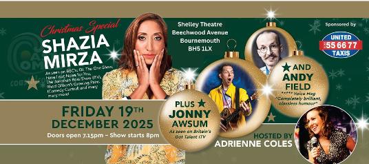 christmas show, comedy, shazia mirza, jonny awsum, comedy club, coastal comedy, 