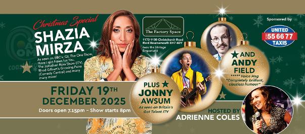 christmas show, comedy, shazia mirza, jonny awsum, comedy club, coastal comedy, 